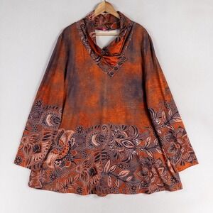 Azalea by Firmiana Top Blouse 3X Orange Gray Floral Stretch Knit Artsy Boho